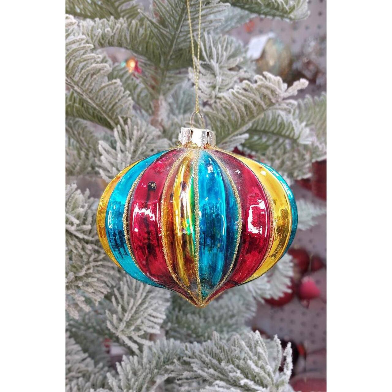 Wizardi 4" Glossy Multicolor Striped Ball Christmas Ornament